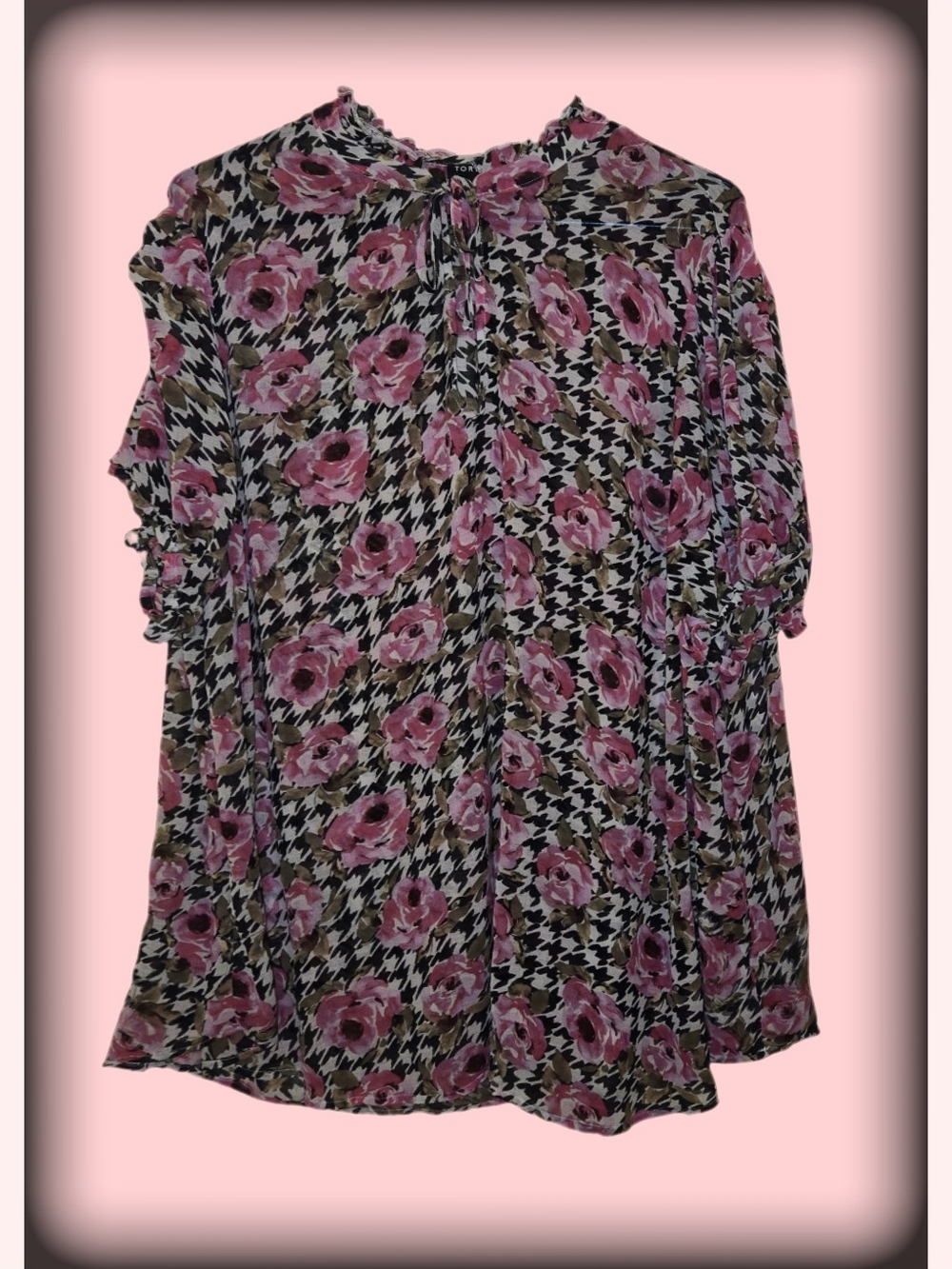 torrid Pink Floral & Houndstooth Tie-Neck Blouse